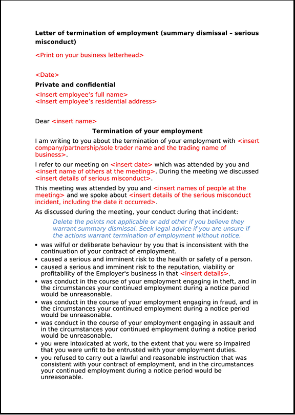 Termination Of Employment Letter Serious Misconduct