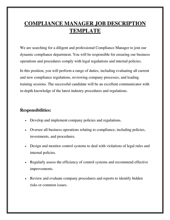 Compliance Manager Job Description Sample