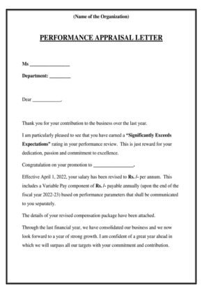 Performance Appraisal Letter Sample Performance Appraisal Letter Sample